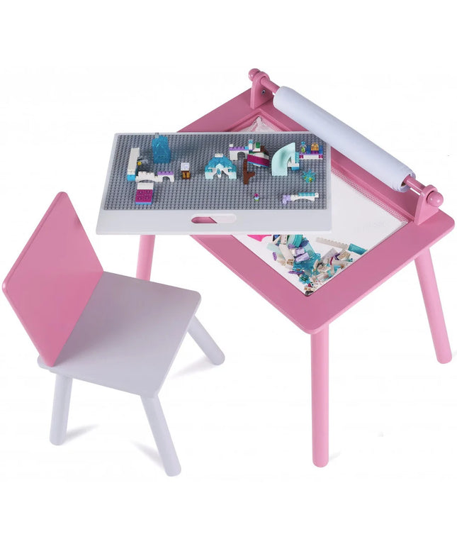 Birou pentru copii Roz cu tabla compatibila cu piese LEGO, din MDF, cu Scaunel, Rola de desen, Spatiu de depozitare, Blat reversibil