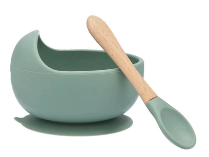 Set diversificare bebelusi  din silicon (bol si lingurita cu maner din lemn)  – Sage, 6 luni +