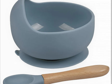 Set diversificare bebelusi  din silicon (bol si lingurita cu maner din lemn)  – Steel, 6 luni +