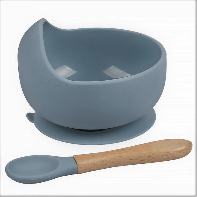 Set diversificare bebelusi  din silicon (bol si lingurita cu maner din lemn)  – Steel, 6 luni +