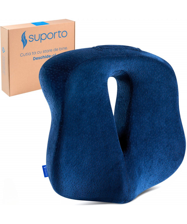 Perna de șezut pentru gravide | Perna Ortopedica de Sezut Navy Blue pentru scaun de birou sau masina, din spuma cu memorie, cu suport pentru Coccis, Albastra