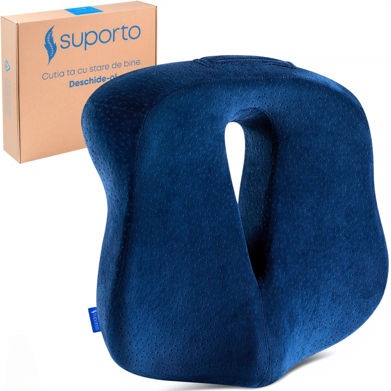 Perna de șezut pentru gravide | Perna Ortopedica de Sezut Navy Blue pentru scaun de birou sau masina, din spuma cu memorie, cu suport pentru Coccis, Albastra