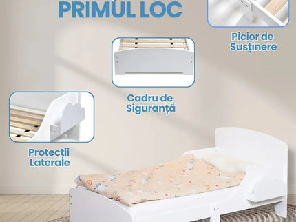 Pat Copii cu Protectie Laterala si Raft Depozitare Carti si Jucarii, Model Norisor, Patut pentru Baieti si Fetite Varsta de 3 - 8 Ani, Mobilier din Lemn MDF, Alb + Bonus Stickere Fosforescente - Bebeboo - Totul pentru copii. Jucării, Hăinuțe, Perne, Mobilier, Textile