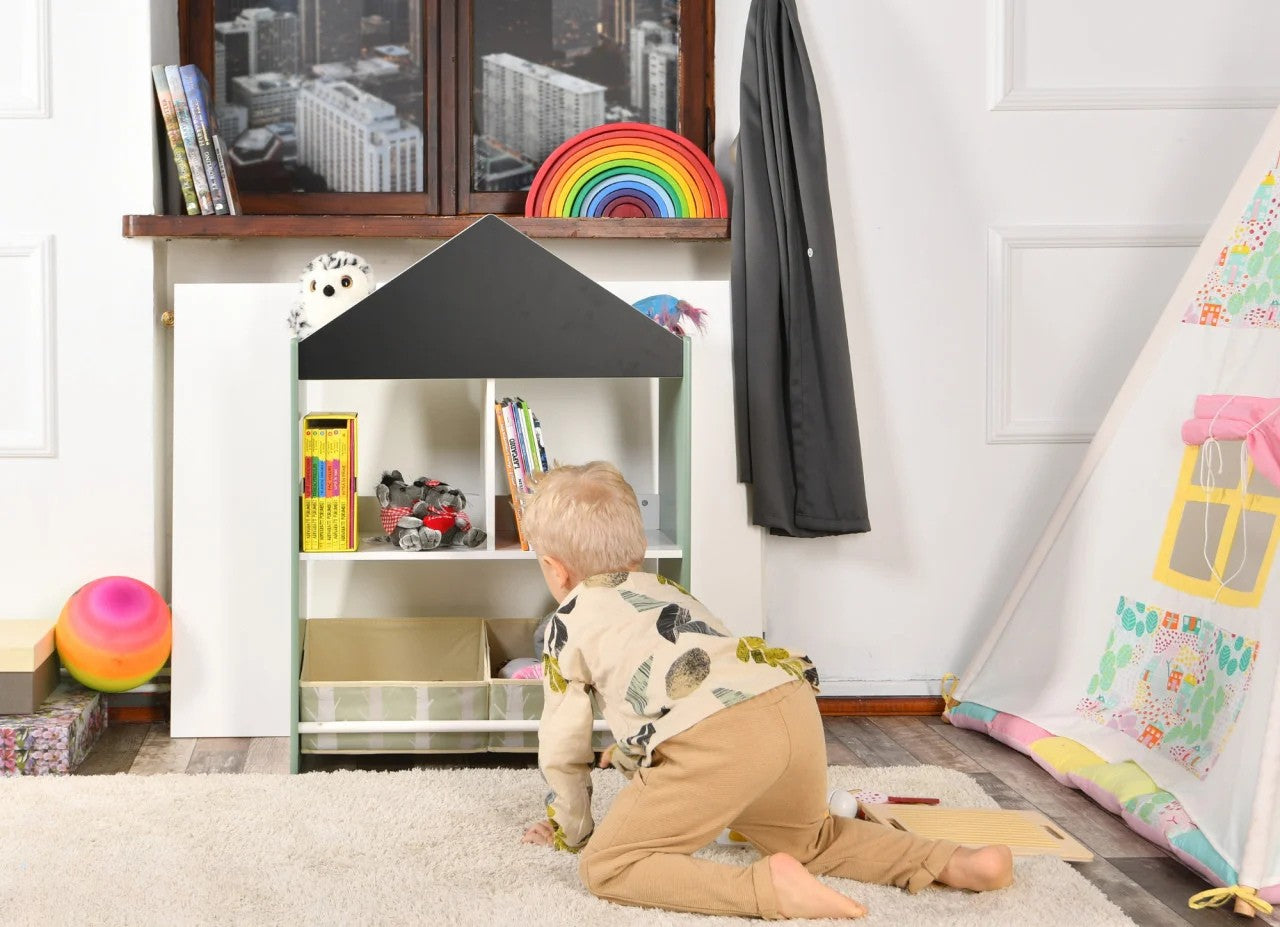 Biblioteca copii Verde, Organizator cu raft pentru carti, Cutii depozitare jucarii, Tabla de desen, Mobilier din Lemn MDF, Dulap tip casuta cu etajere, 90 x 62 x 27cm