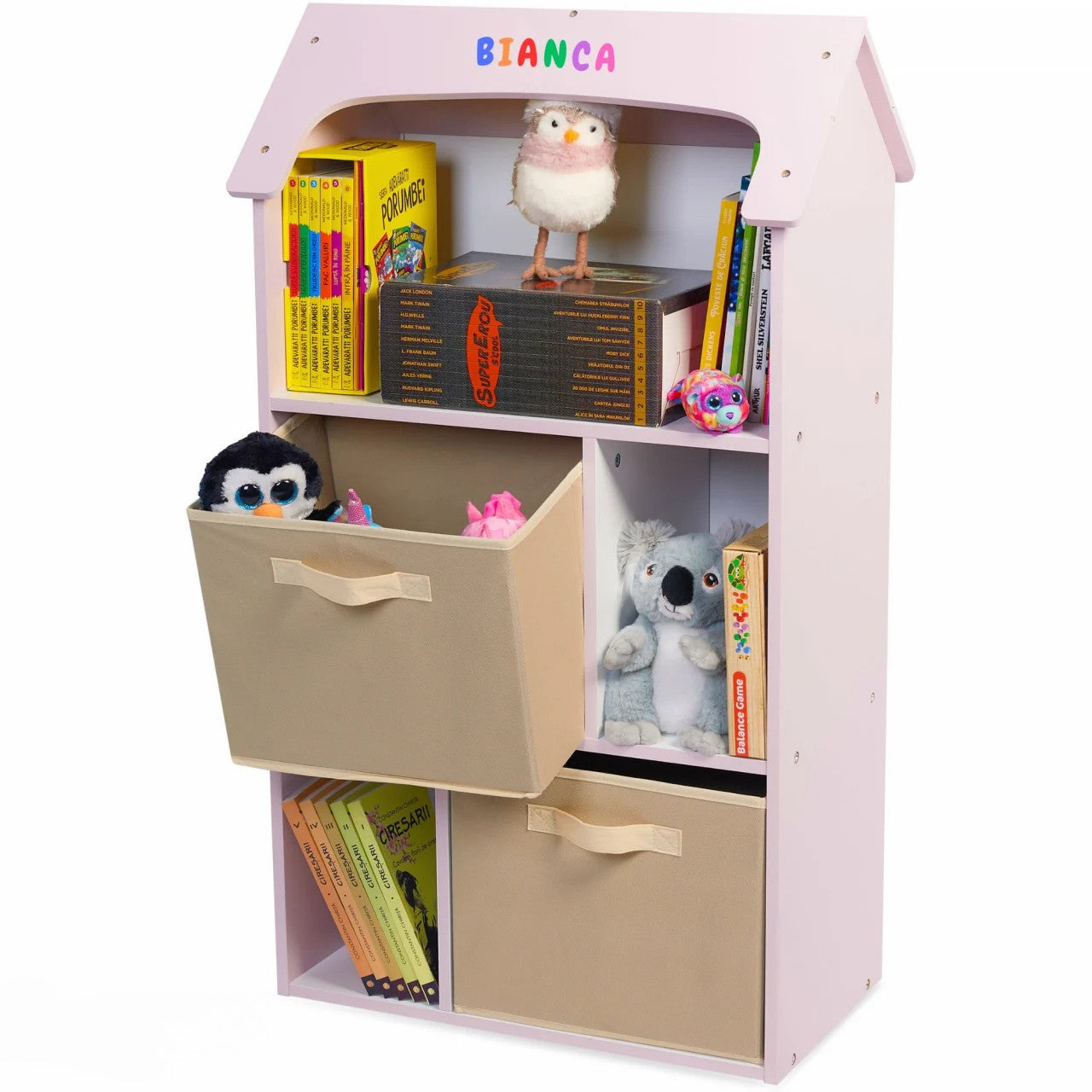 Biblioteca copii, Organizator cu raft pentru carti, Cutii depozitare jucarii, rechizite si papusi, Mobilier din Lemn MDF, Dulap tip casuta cu 3 etajere, 91,5 x 54 x 27cm, Roz
