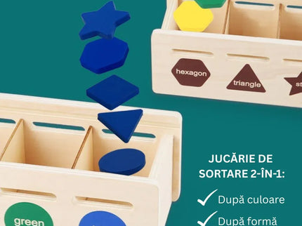 Cutie de sortare 2 în 1 din lemn, forme și culori - Bebeboo - Totul pentru copii. Jucării, Hăinuțe, Perne, Mobilier, Textile
