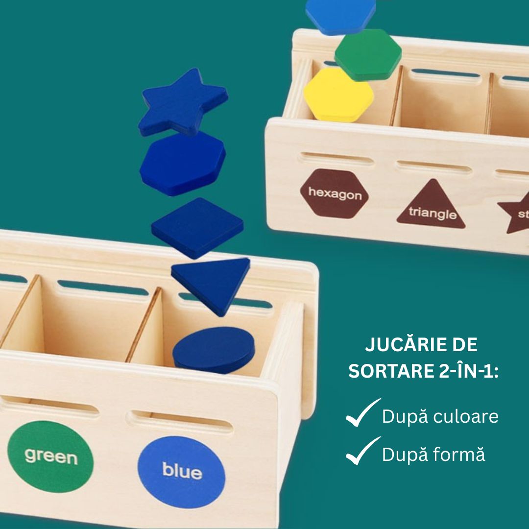 Cutie de sortare 2 în 1 din lemn, forme și culori