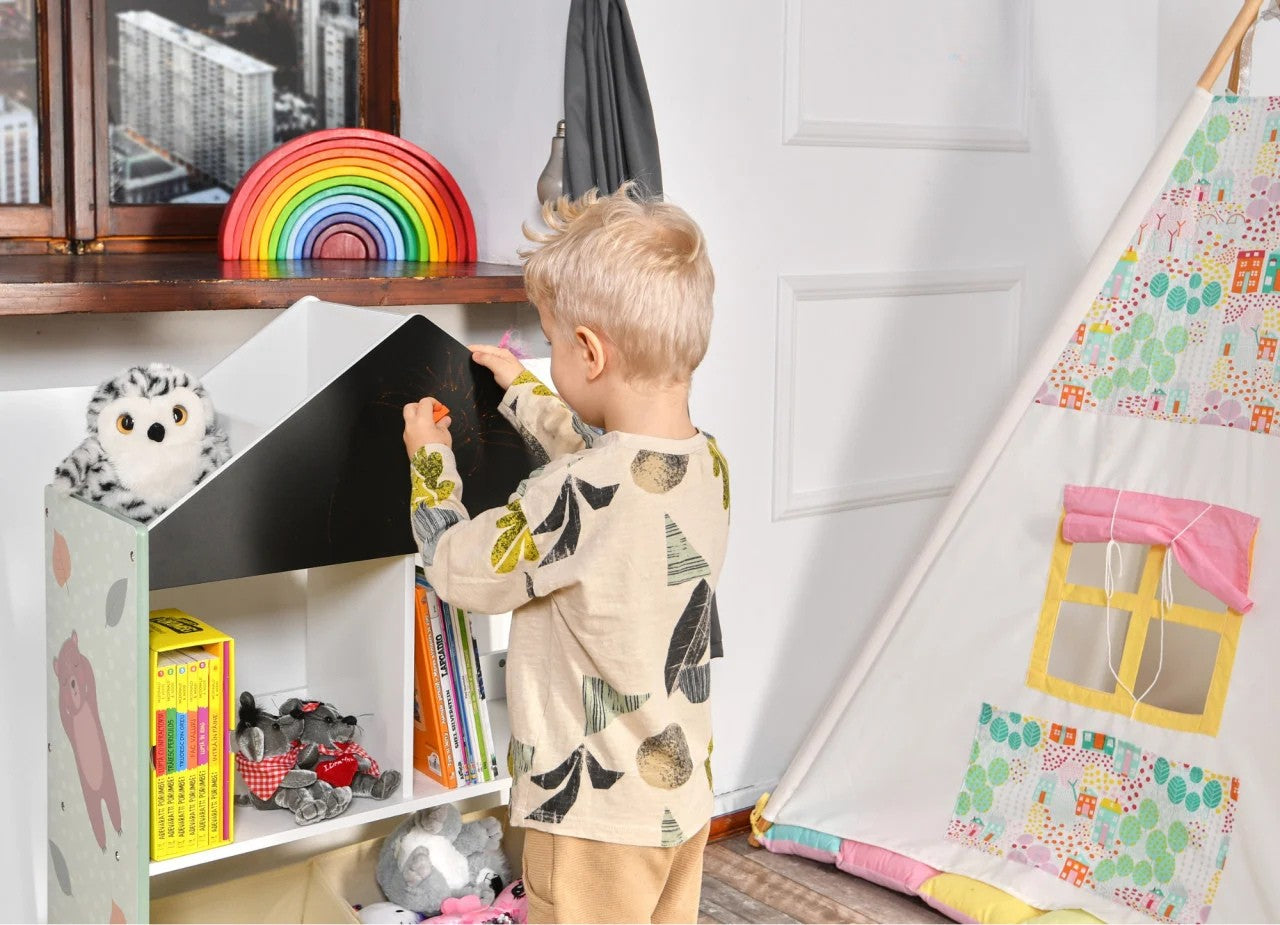 Biblioteca copii Verde, Organizator cu raft pentru carti, Cutii depozitare jucarii, Tabla de desen, Mobilier din Lemn MDF, Dulap tip casuta cu etajere, 90 x 62 x 27cm