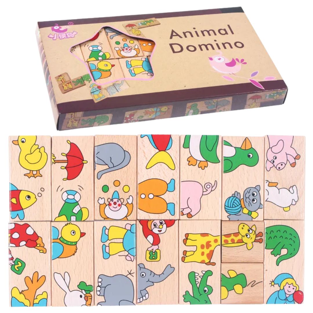 Domino din lemn cu animale colorate