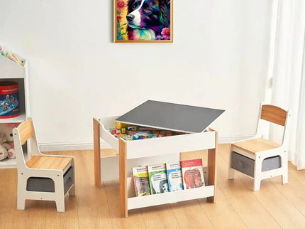 Set Masuta cu 2 Scaune pentru copii, cu Rafturi pentru Carti, Suporto, din MDF, Sertare Depozitare, Organizator Jucarii, Tabla de Scris, Desenat, Studiat. Alb cu Maro, 3-6 ani - Bebeboo - Totul pentru copii. Jucării, Hăinuțe, Perne, Mobilier, Textile