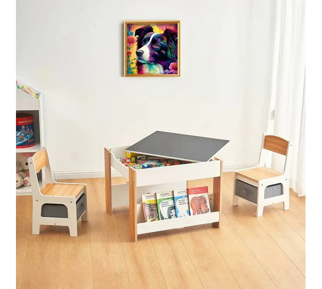 Set Masuta cu 2 Scaune pentru copii, cu Rafturi pentru Carti, Suporto, din MDF, Sertare Depozitare, Organizator Jucarii, Tabla de Scris, Desenat, Studiat. Alb cu Maro, 3-6 ani - Bebeboo - Totul pentru copii. Jucării, Hăinuțe, Perne, Mobilier, Textile