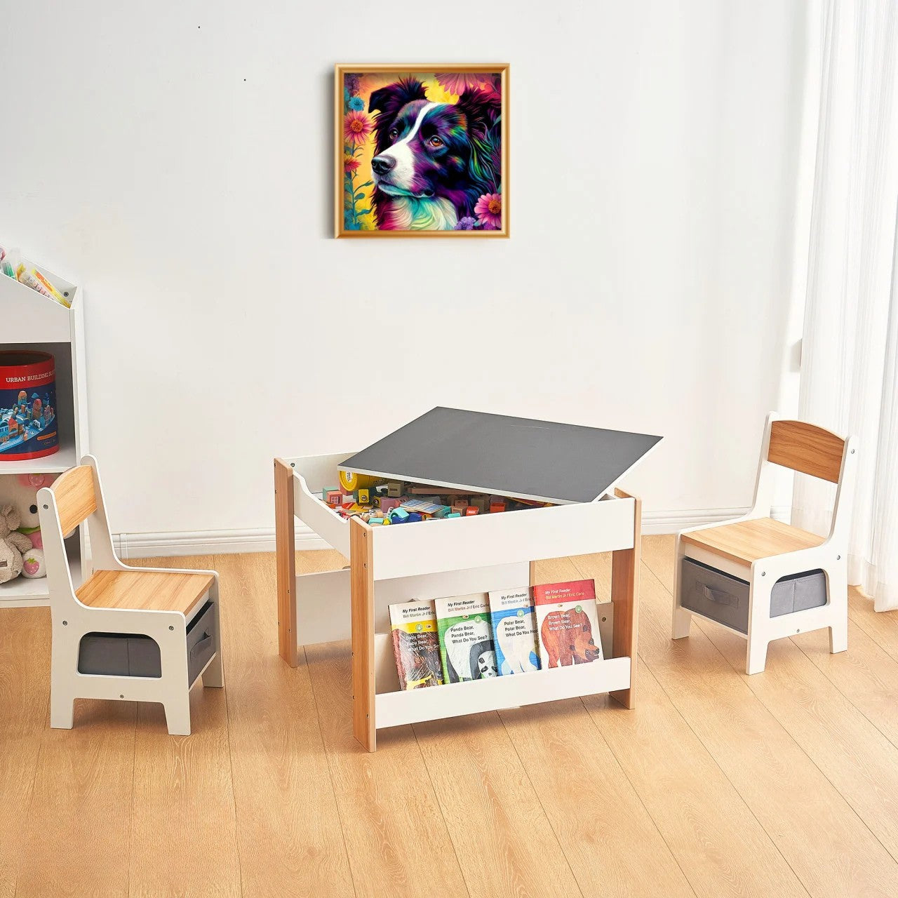 Set Masuta cu 2 Scaune pentru copii, cu Rafturi pentru Carti, Suporto, din MDF, Sertare Depozitare, Organizator Jucarii, Tabla de Scris, Desenat, Studiat. Alb cu Maro, 3-6 ani