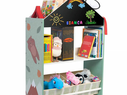 Biblioteca copii Verde, Organizator cu raft pentru carti, Cutii depozitare jucarii, Tabla de desen, Mobilier din Lemn MDF, Dulap tip casuta cu etajere, 90 x 62 x 27cm - Bebeboo - Totul pentru copii. Jucării, Hăinuțe, Perne, Mobilier, Textile