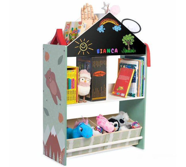 Biblioteca copii Verde, Organizator cu raft pentru carti, Cutii depozitare jucarii, Tabla de desen, Mobilier din Lemn MDF, Dulap tip casuta cu etajere, 90 x 62 x 27cm - Bebeboo - Totul pentru copii. Jucării, Hăinuțe, Perne, Mobilier, Textile