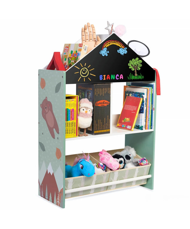 Biblioteca copii Verde, Organizator cu raft pentru carti, Cutii depozitare jucarii, Tabla de desen, Mobilier din Lemn MDF, Dulap tip casuta cu etajere, 90 x 62 x 27cm