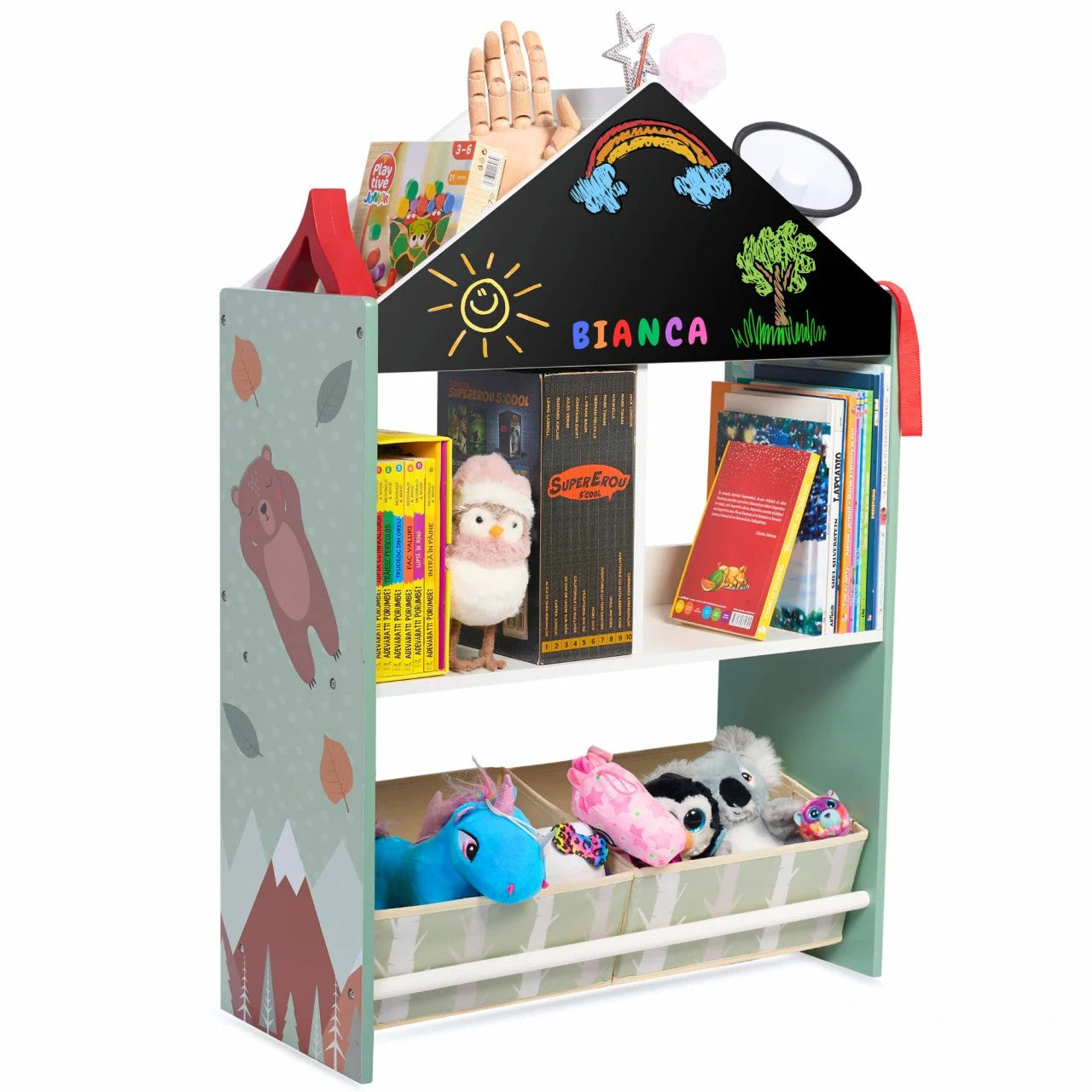 Biblioteca copii Verde, Organizator cu raft pentru carti, Cutii depozitare jucarii, Tabla de desen, Mobilier din Lemn MDF, Dulap tip casuta cu etajere, 90 x 62 x 27cm