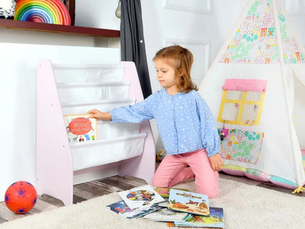Raft de Carti pentru Copii, Organizator cu etajere din textil, pentru depozitare jucarii, carti si caiete. Mobilier din Lemn MDF, 71.5 x 62 x 30 cm - Bebeboo - Totul pentru copii. Jucării, Hăinuțe, Perne, Mobilier, Textile