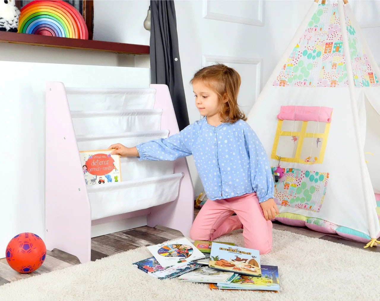 Raft de Carti pentru Copii, Organizator cu etajere din textil, pentru depozitare jucarii, carti si caiete. Mobilier din Lemn MDF, 71.5 x 62 x 30 cm