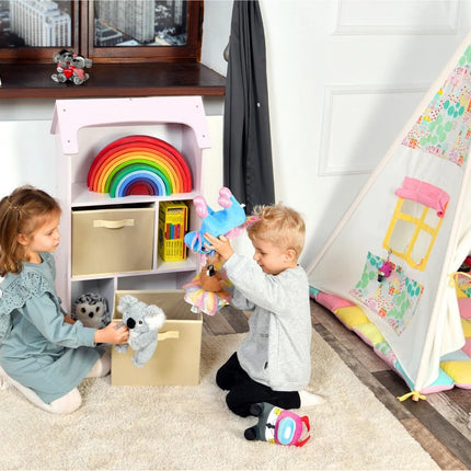 Biblioteca copii, Organizator cu raft pentru carti, Cutii depozitare jucarii, rechizite si papusi, Mobilier din Lemn MDF, Dulap tip casuta cu 3 etajere, 91,5 x 54 x 27cm, Roz