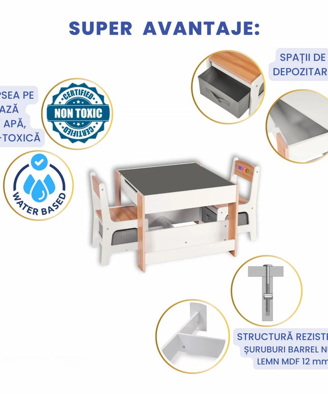 Set Masuta cu 2 Scaune pentru copii, cu Rafturi pentru Carti, Suporto, din MDF, Sertare Depozitare, Organizator Jucarii, Tabla de Scris, Desenat, Studiat. Alb cu Maro, 3-6 ani