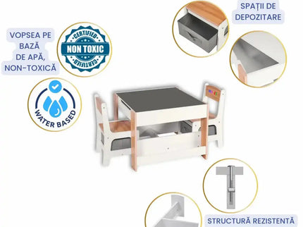 Set Masuta cu 2 Scaune pentru copii, cu Rafturi pentru Carti, Suporto, din MDF, Sertare Depozitare, Organizator Jucarii, Tabla de Scris, Desenat, Studiat. Alb cu Maro, 3-6 ani - Bebeboo - Totul pentru copii. Jucării, Hăinuțe, Perne, Mobilier, Textile