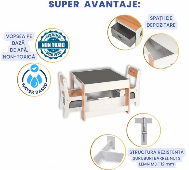 Set Masuta cu 2 Scaune pentru copii, cu Rafturi pentru Carti, Suporto, din MDF, Sertare Depozitare, Organizator Jucarii, Tabla de Scris, Desenat, Studiat. Alb cu Maro, 3-6 ani - Bebeboo - Totul pentru copii. Jucării, Hăinuțe, Perne, Mobilier, Textile