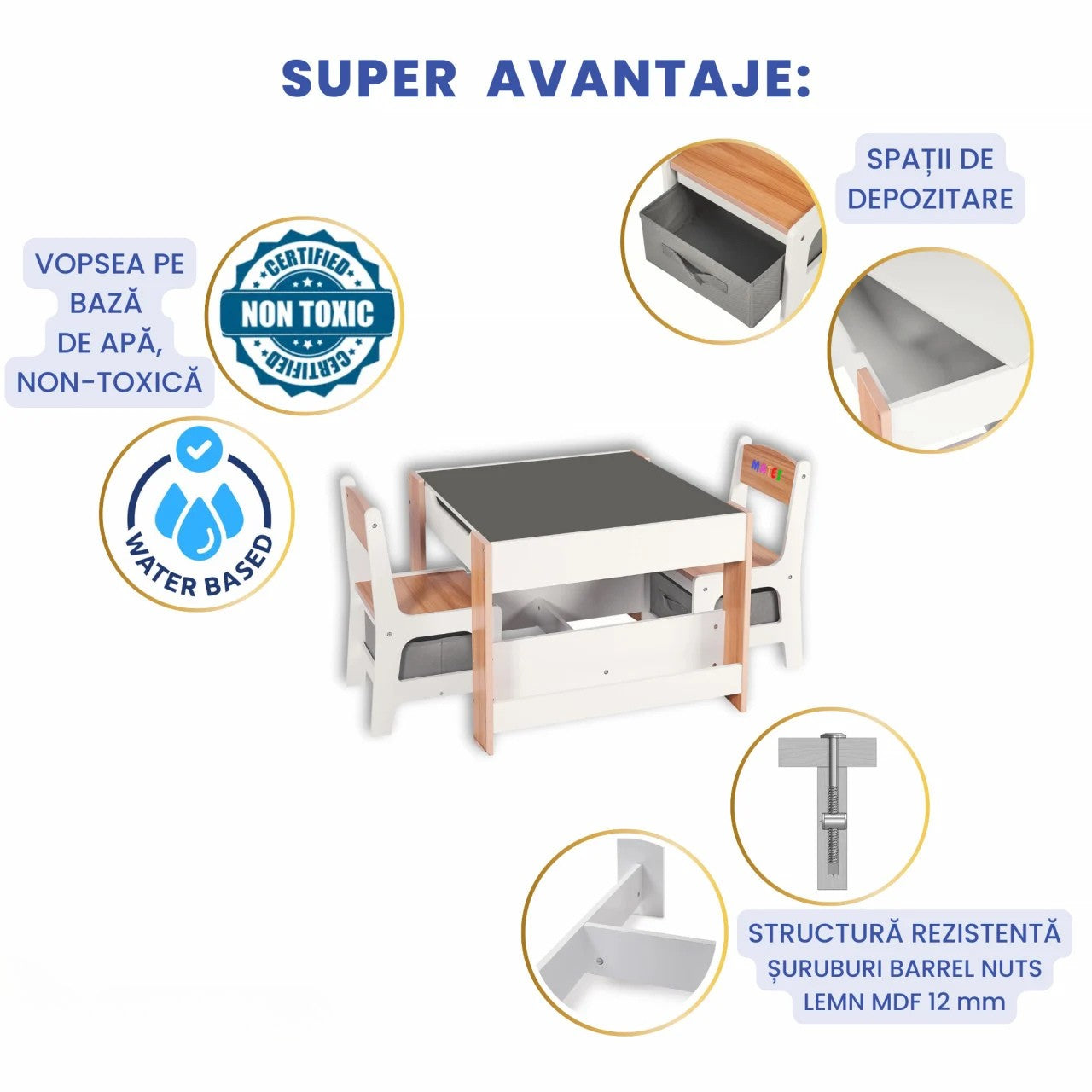 Set Masuta cu 2 Scaune pentru copii, cu Rafturi pentru Carti, Suporto, din MDF, Sertare Depozitare, Organizator Jucarii, Tabla de Scris, Desenat, Studiat. Alb cu Maro, 3-6 ani