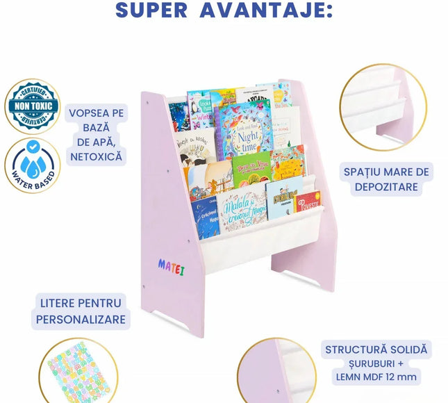Raft de Carti pentru Copii, Organizator cu etajere din textil, pentru depozitare jucarii, carti si caiete. Mobilier din Lemn MDF, 71.5 x 62 x 30 cm - Bebeboo - Totul pentru copii. Jucării, Hăinuțe, Perne, Mobilier, Textile