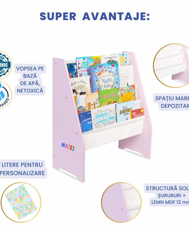 Raft de Carti pentru Copii, Organizator cu etajere din textil, pentru depozitare jucarii, carti si caiete. Mobilier din Lemn MDF, 71.5 x 62 x 30 cm
