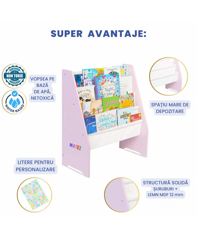 Raft de Carti pentru Copii, Organizator cu etajere din textil, pentru depozitare jucarii, carti si caiete. Mobilier din Lemn MDF, 71.5 x 62 x 30 cm - Bebeboo - Totul pentru copii. Jucării, Hăinuțe, Perne, Mobilier, Textile