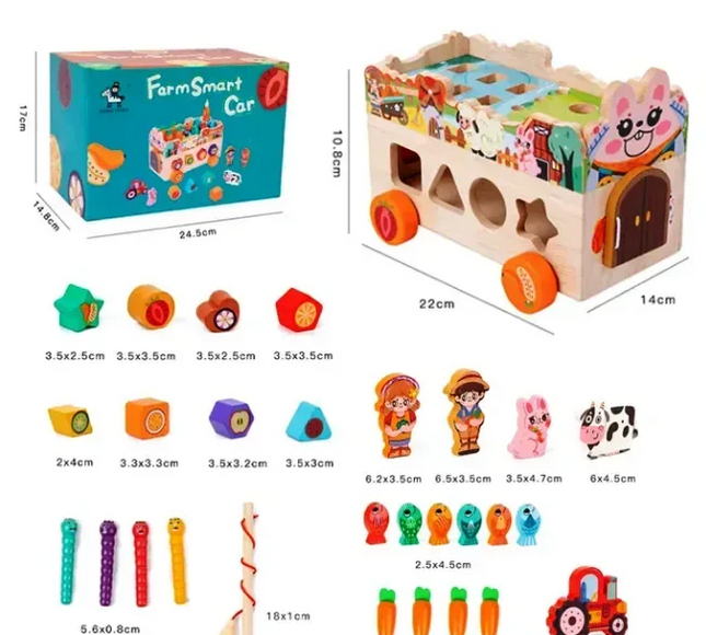 Mașinuță Interactivă din Lemn – Fermă Montessori cu 8 Activități Educaționale - Bebeboo - Totul pentru copii. Jucării, Hăinuțe, Perne, Mobilier, Textile