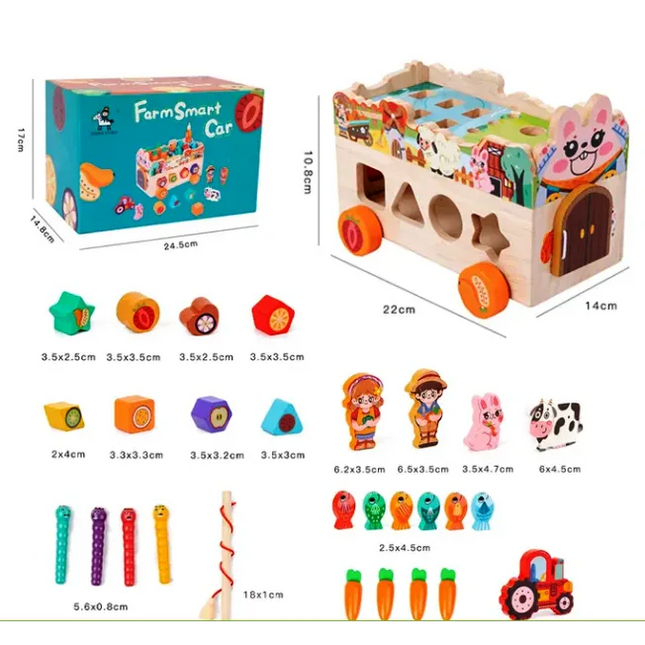 Mașinuță Interactivă din Lemn – Fermă Montessori cu 8 Activități Educaționale