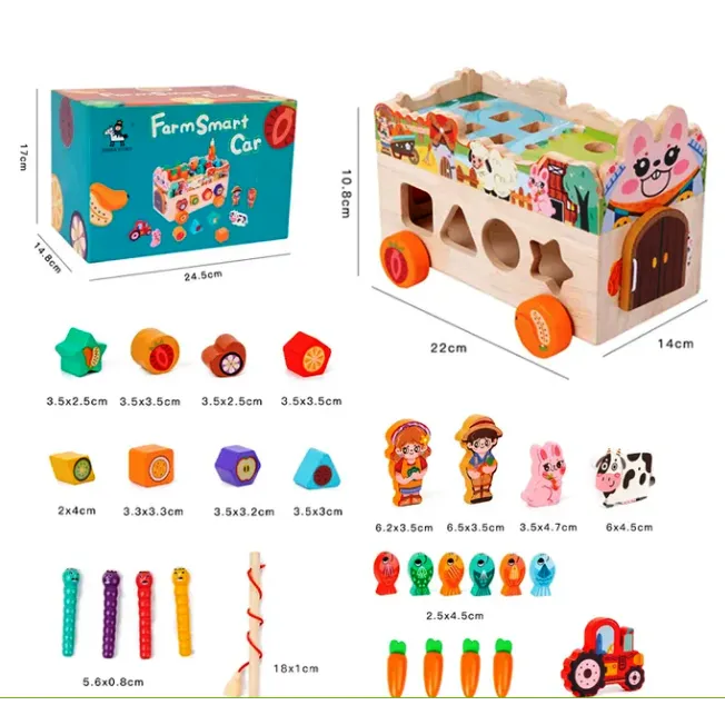 Mașinuță Interactivă din Lemn – Fermă Montessori cu 8 Activități Educaționale