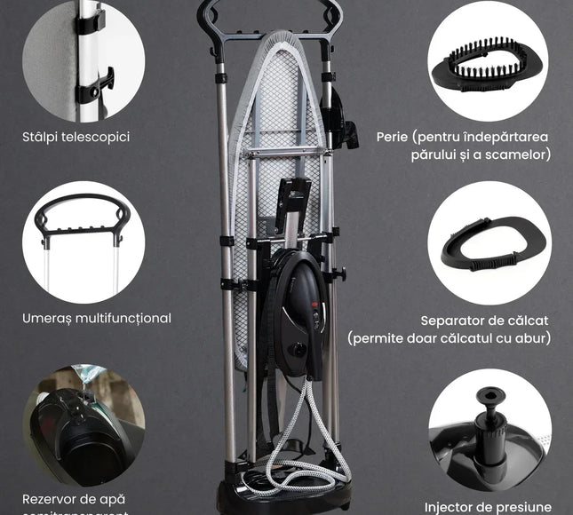 Fier de Calcat Profesional cu Aburi 2 in1 M3, Steamer vertical de 1200W Detasabil si Portabil, Statie de Calcat si Masa Calcator pentru Hainele copiilor fara Cute, Rezervor aparat 0.8 L pentru 30 min de lucru, 25g/ min Debit Abur, Negru - Bebeboo - Totul pentru copii. Jucării, Hăinuțe, Perne, Mobilier, Textile
