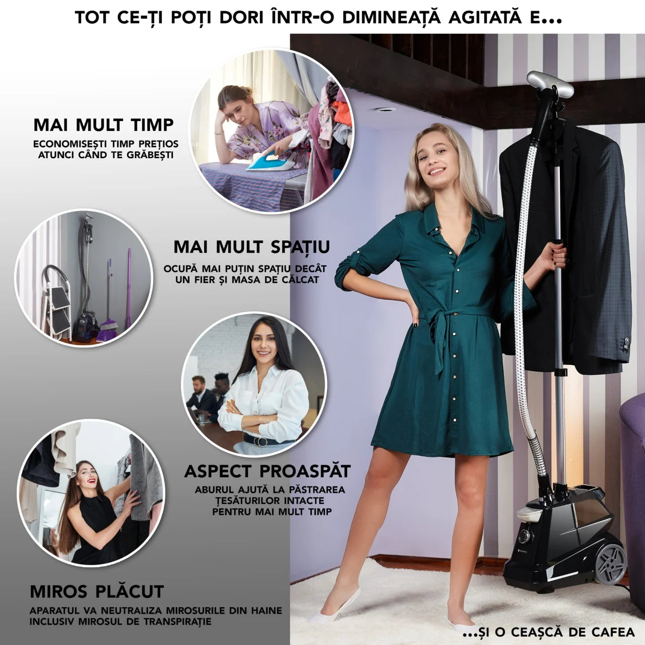 Statie de calcat profesionala pentru hainele delicate ale copiilor. Fier de Calcat Vertical cu aburi, Steamer model R3 de 2200W cu 4 trepte de putere. Rezervor aparat 3L, pentru 65 min de lucru, 45g/min abur continuu.