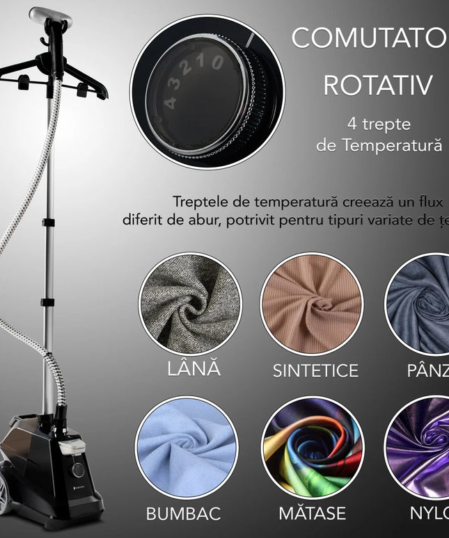 Statie de calcat profesionala pentru hainele delicate ale copiilor. Fier de Calcat Vertical cu aburi, Steamer model R3 de 2200W cu 4 trepte de putere. Rezervor aparat 3L, pentru 65 min de lucru, 45g/min abur continuu.