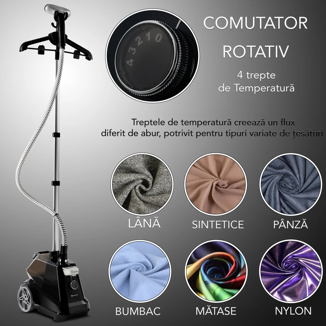 Statie de calcat profesionala pentru hainele delicate ale copiilor. Fier de Calcat Vertical cu aburi, Steamer model R3 de 2200W cu 4 trepte de putere. Rezervor aparat 3L, pentru 65 min de lucru, 45g/min abur continuu.