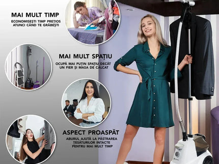 Fier de Călcat Vertical cu Aburi – Igienizare și Netezire Rapidă, 2200W. Steamer model R3 cu 4 trepte de putere. Rezervor aparat 3L, pentru 65 min de lucru, 45g/min abur continuu, Alb - Bebeboo - Totul pentru copii. Jucării, Hăinuțe, Perne, Mobilier, Textile