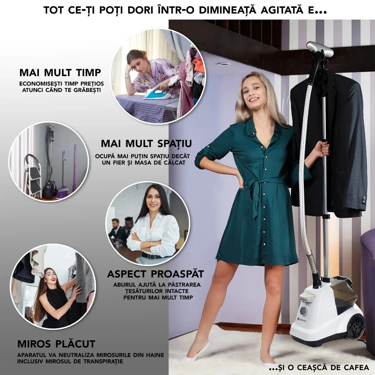 Fier de Călcat Vertical cu Aburi – Igienizare și Netezire Rapidă, 2200W. Steamer model R3 cu 4 trepte de putere. Rezervor aparat 3L, pentru 65 min de lucru, 45g/min abur continuu, Alb