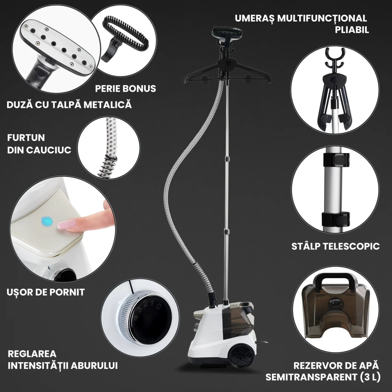 Fier de Călcat Vertical cu Aburi – Igienizare și Netezire Rapidă, 2200W. Steamer model R3 cu 4 trepte de putere. Rezervor aparat 3L, pentru 65 min de lucru, 45g/min abur continuu, Alb