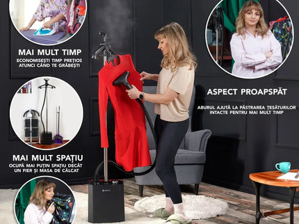 Fier de călcat vertical cu aburi. Steamer model S2 de 2200W cu 3 trepte de putere. Statie de calcat profesionala pentru hainele copiilor, fara mirosuri si fara cute. Rezervor aparat 2.9 L, pentru 64 min de lucru, 45g/min abur continuu - Bebeboo - Totul pentru copii. Jucării, Hăinuțe, Perne, Mobilier, Textile