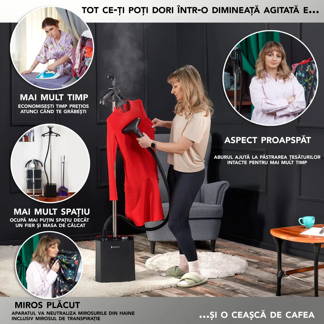 Fier de călcat vertical cu aburi. Steamer model S2 de 2200W cu 3 trepte de putere. Statie de calcat profesionala pentru hainele copiilor, fara mirosuri si fara cute. Rezervor aparat 2.9 L, pentru 64 min de lucru, 45g/min abur continuu