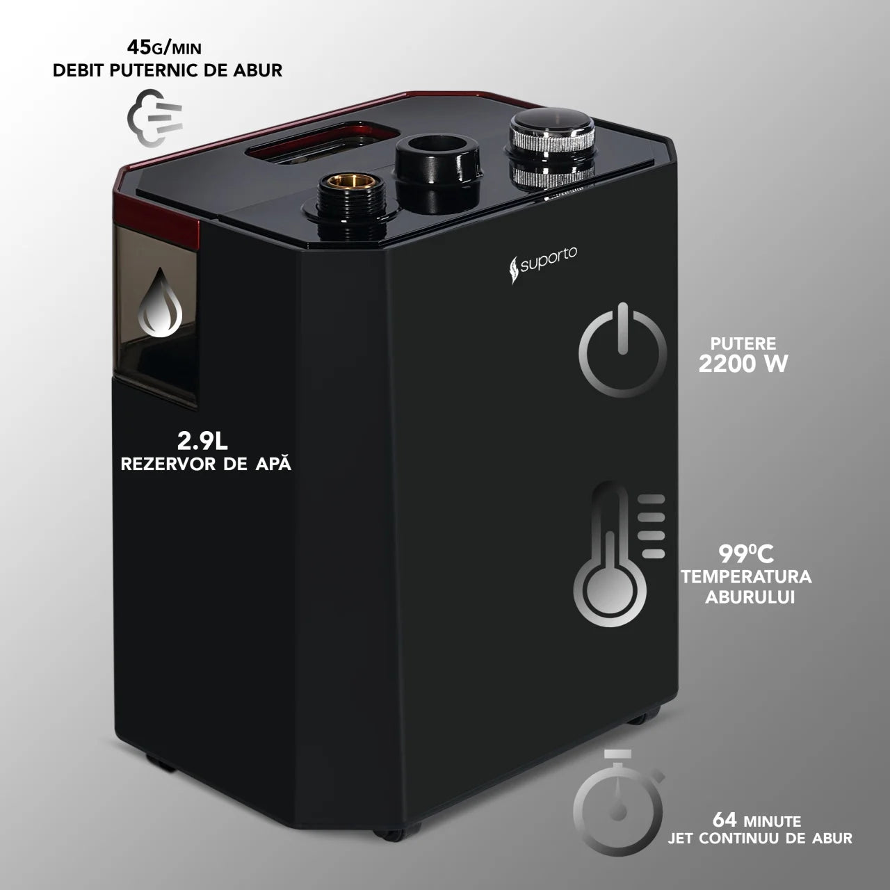 Fier de călcat vertical cu aburi. Steamer model S2 de 2200W cu 3 trepte de putere. Statie de calcat profesionala pentru hainele copiilor, fara mirosuri si fara cute. Rezervor aparat 2.9 L, pentru 64 min de lucru, 45g/min abur continuu