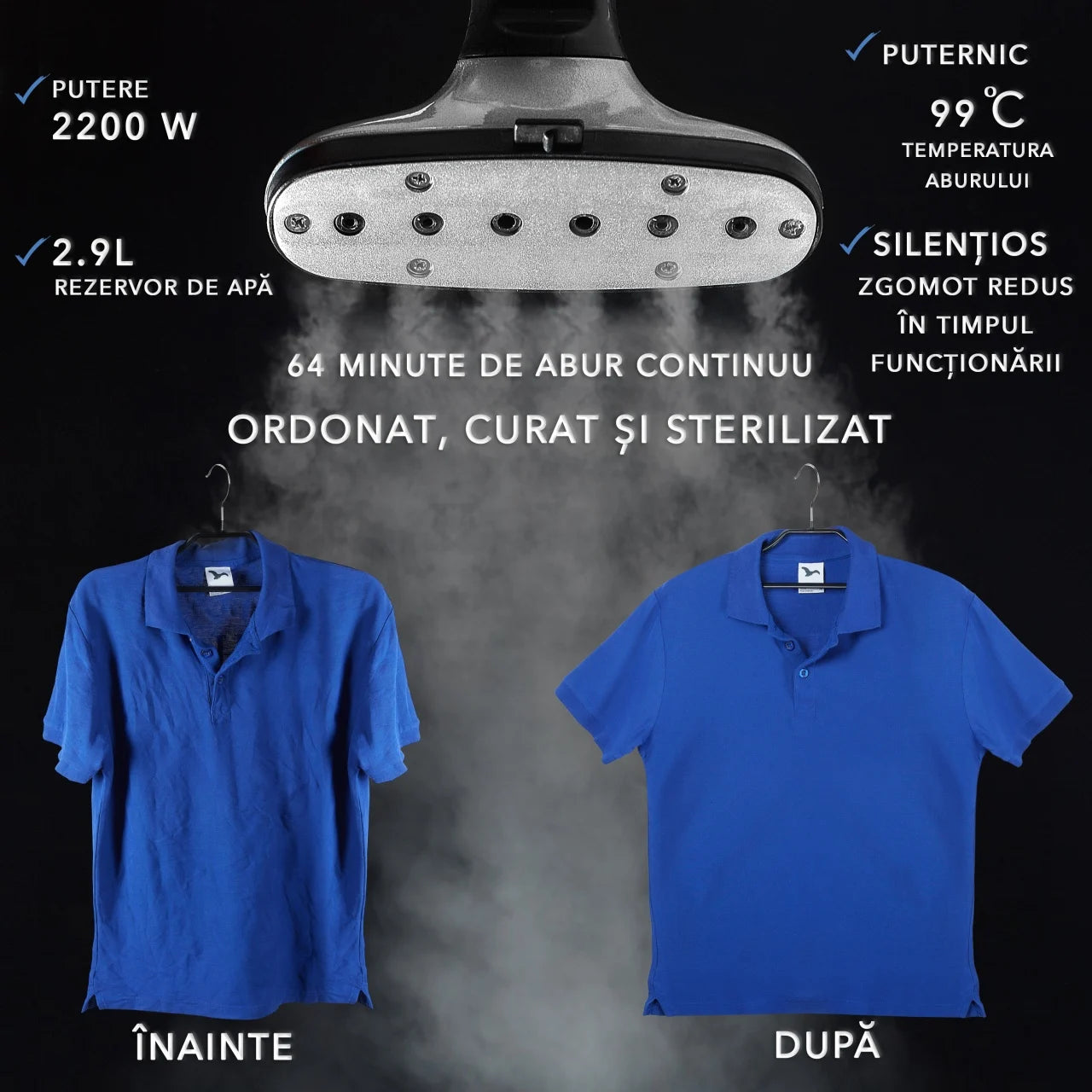 Fier de călcat vertical cu aburi. Steamer model S2 de 2200W cu 3 trepte de putere. Statie de calcat profesionala pentru hainele copiilor, fara mirosuri si fara cute. Rezervor aparat 2.9 L, pentru 64 min de lucru, 45g/min abur continuu