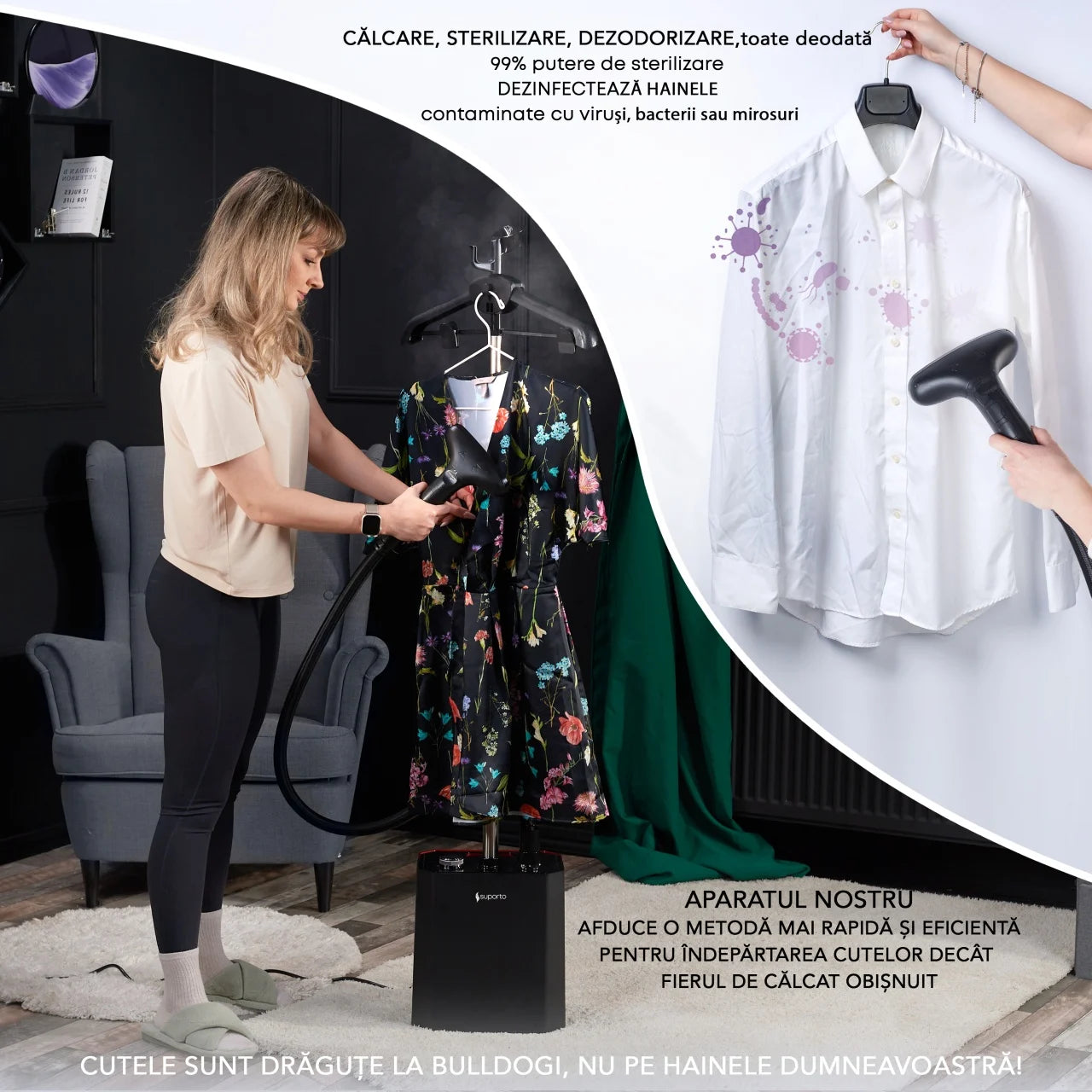 Fier de călcat vertical cu aburi. Steamer model S2 de 2200W cu 3 trepte de putere. Statie de calcat profesionala pentru hainele copiilor, fara mirosuri si fara cute. Rezervor aparat 2.9 L, pentru 64 min de lucru, 45g/min abur continuu