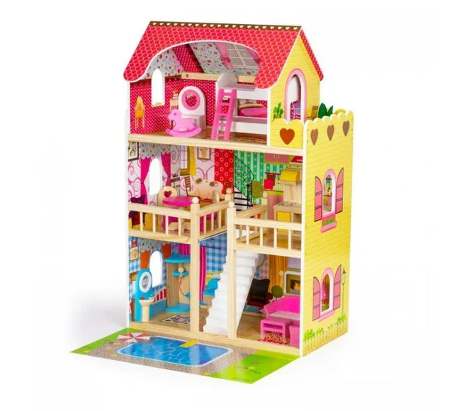 Casuta de papusi inalta din lemn cu mobilier si piscina, Ecotoys W06A333E - Bebeboo - Totul pentru copii. Jucării, Hăinuțe, Perne, Mobilier, Textile
