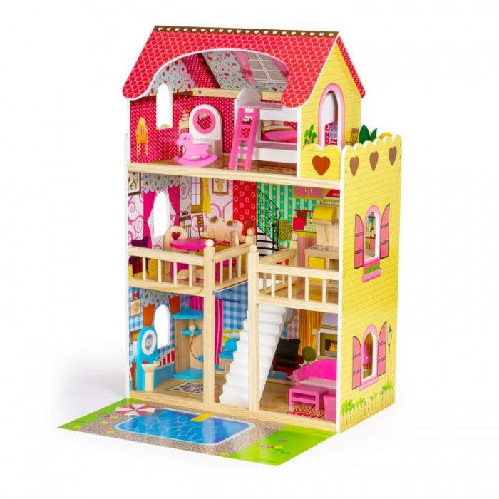 Casuta de papusi inalta din lemn cu mobilier si piscina, Ecotoys W06A333E