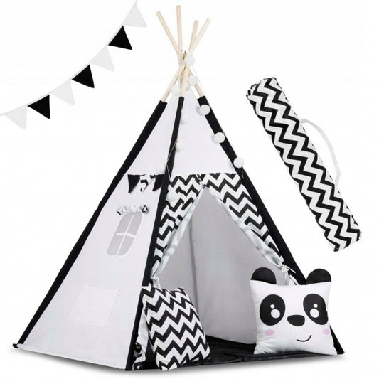 Cort de joaca pentru copii cu ghirlanda,lumini si 2 pernite Ricokids 740005, 120 X 120 X 165 cm - Panda - Resigilat