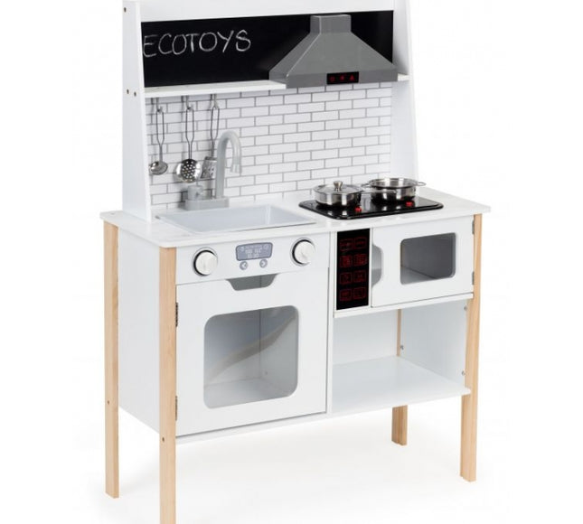 Bucatarie din lemn cu sunete, accesorii si LED-uri Ecotoys PLK537