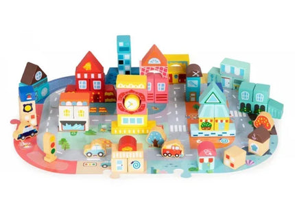 Set educational cu blocuri din lemn si covoras tip puzzle, 88 piese, City Ecotoys MA705 - Bebeboo - Totul pentru copii. Jucării, Hăinuțe, Perne, Mobilier, Textile